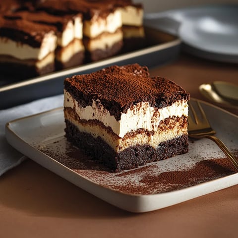 Un carré de dessert chocolaté parsemé de miettes croustillantes sur le dessus.