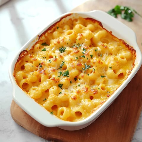 Une gratin de macaroni au fromage est servie dans un bol sur un plateau.