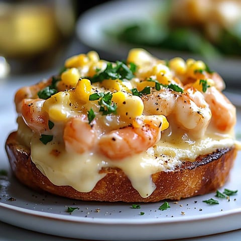 Une croque-monsieur avec des crevettes et du béchamel.