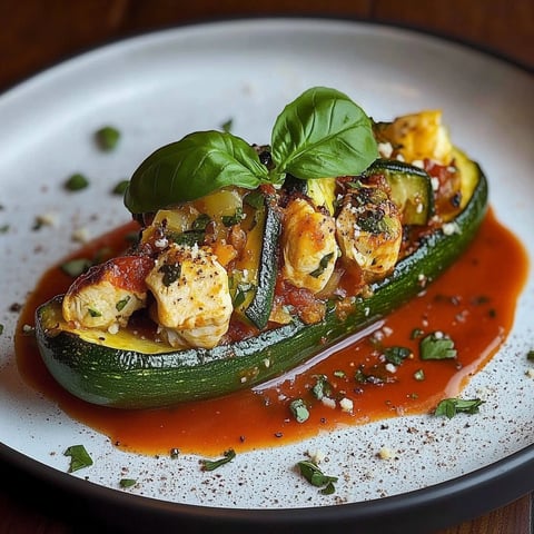 Une courgette farcie de poulet et de sauce tomate.