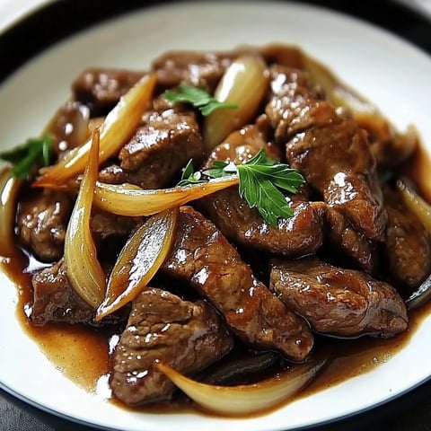 Une assiette de boeuf sauté aux oignons.