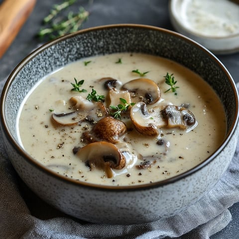 Une assiette de crème de champignons veloutée.