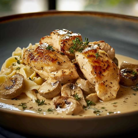 Une assiette de poulet émincé, champignons et moutarde.