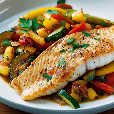 Une poisson grillé avec des légumes sautés.