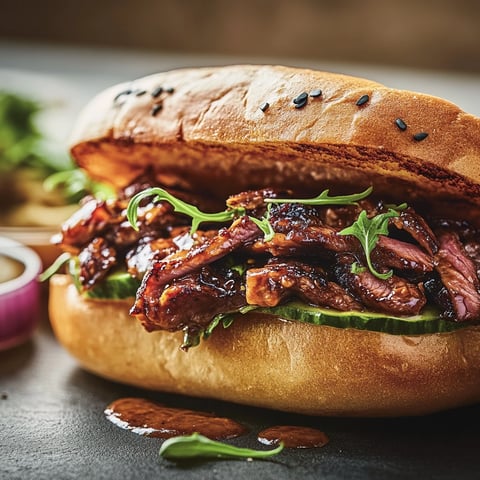 Un sandwich coréen de boeuf braisé avec des légumes verts et des herbes.