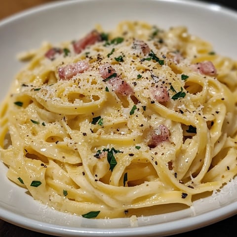 Une portion de spaghetti carbonara italienne, avec des bacon, des herbes et des fromages.