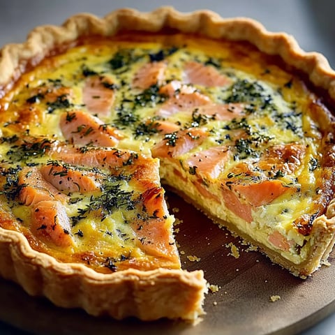 Une quiche au saumon et Boursin est servie sur un plateau.