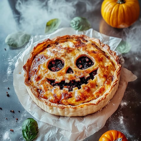 Une tourte végétarienne pour Halloween avec des yeux et une bouche dessus.