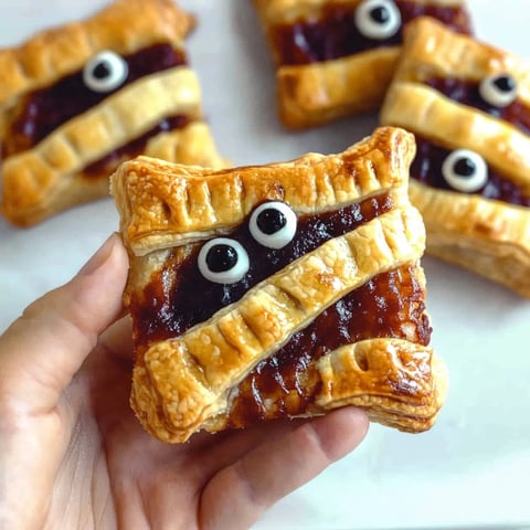 Une main tient une mini-momie faite de pâte et de fruits rouges.