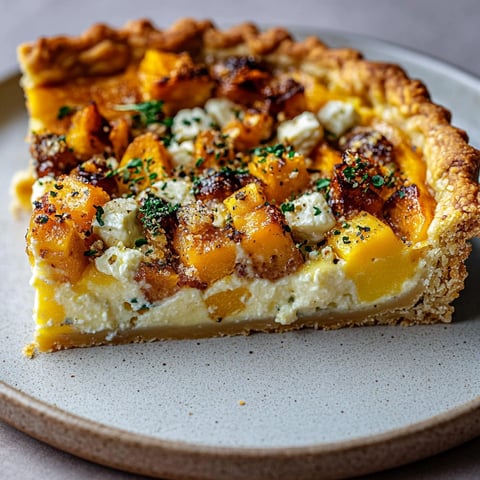 Une quiche à la courge et chèvre sur un plateau.
