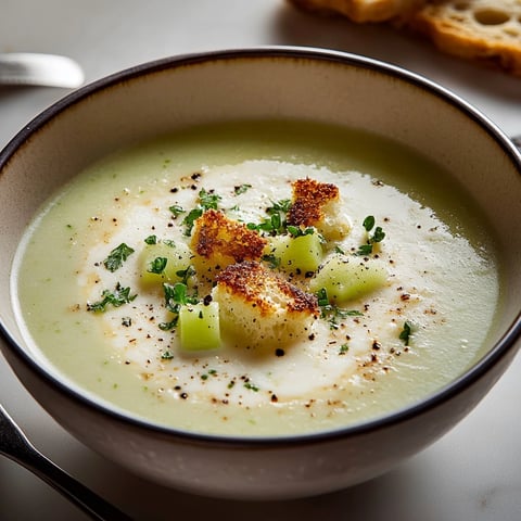 Une soupe onctueuse aux poireaux et Boursin, avec des herbes et des croutons de pâte.