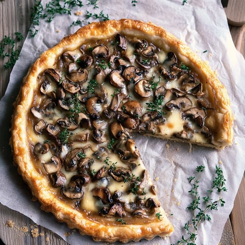 Une tarte aux champignons est servie sur une table.