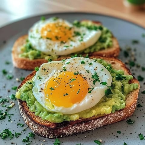 Une image de toast avocat et oeufs.