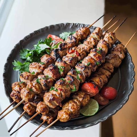 Des brochettes d'agneau à la marocaine sur un plateau.