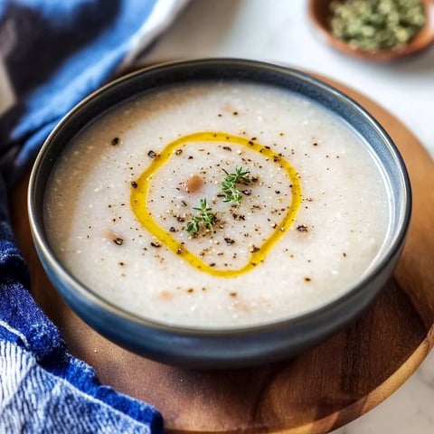 Une soupe d'orge avec une sauce et des herbes, accompagnée d'une sauce et d'une herbe.