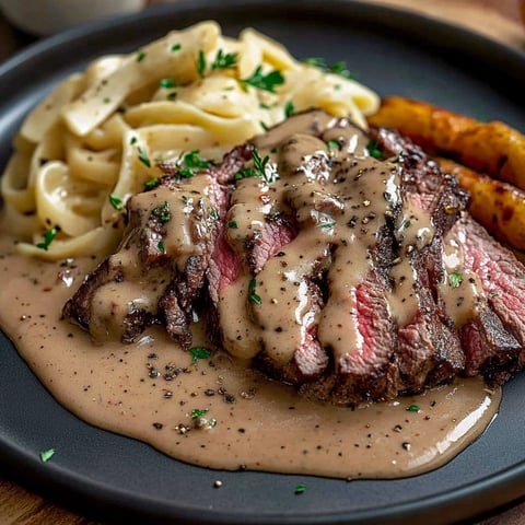 Une viande de boeuf avec une sauce poivre sur une assiette.