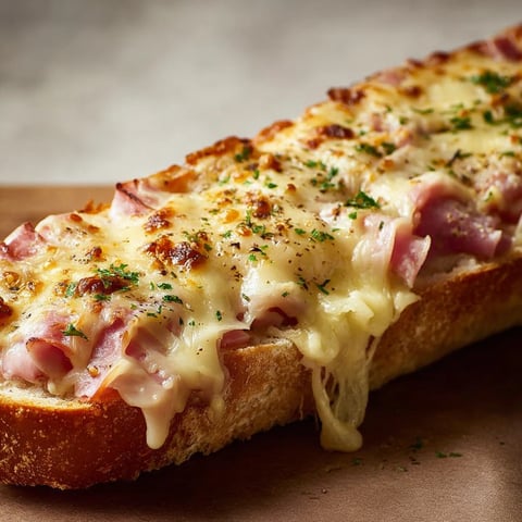 Une baguette gratinée au jambon de poulet et fromage fondant.