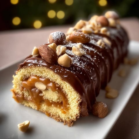 Une bûche de Noël garnie de cacahuètes, caramel et vanille.