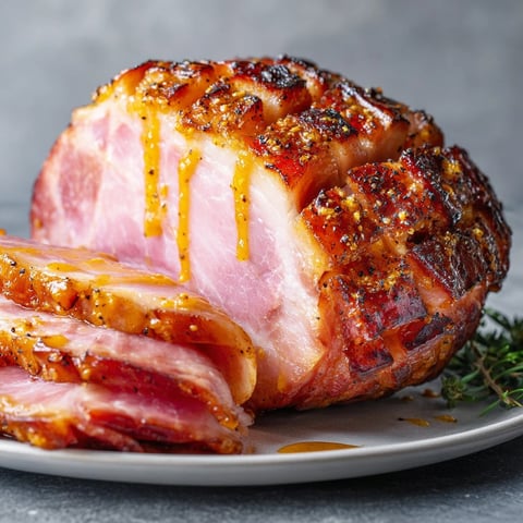 Un plat de jambon de Noël avec une sauce moutarde et miel.