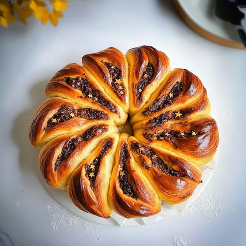 A brioche étoile with star-shaped holes filled with powdered sugar.