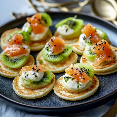 A plate of food with kiwi and salmon.