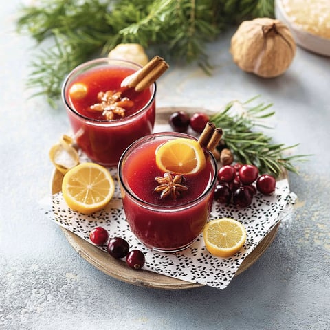Two glasses of cranberry punch with lemon and cinnamon.