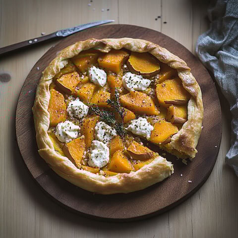 A slice of butternut squash pie with cheese on top.