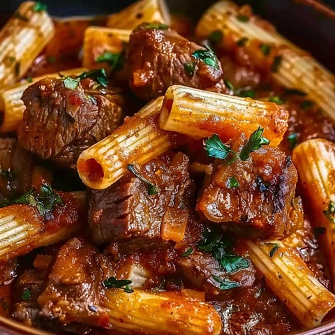 A bowl of beef and pasta with tomato sauce.