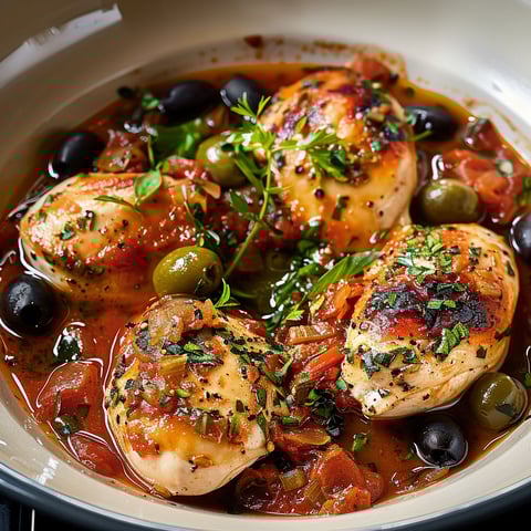 A bowl of chicken with olives and tomatoes.