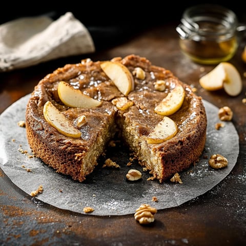 A slice of a cake with apples and pecans.
