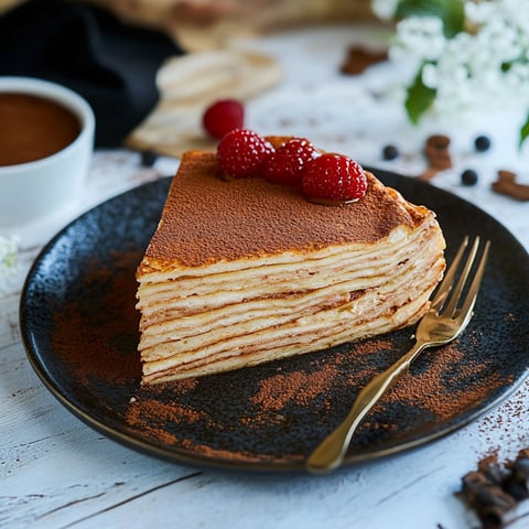 A slice of gâteau de crêpes façon tiramisu.