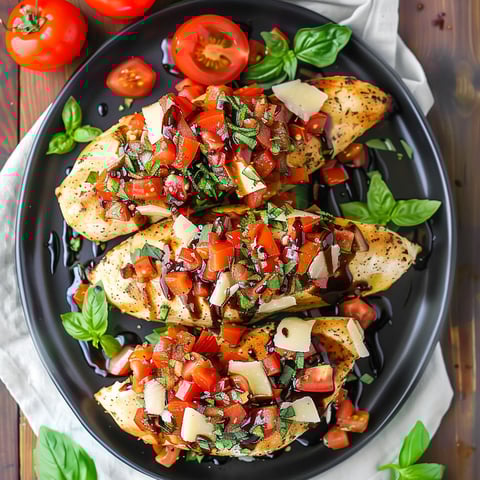 A plate of chicken with tomatoes and basil.