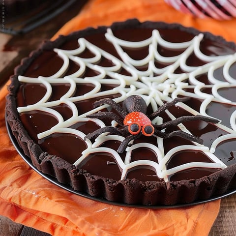 A chocolate tart with a spider web design.