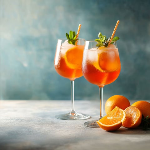 Two glasses of orange juice with a slice of orange in each.