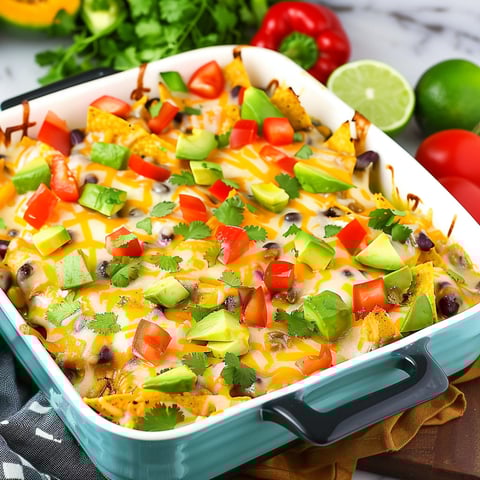 A dish of Mexican food with chicken, avocado, tomatoes, and peppers.