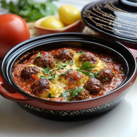 A bowl of food with meatballs and eggs.