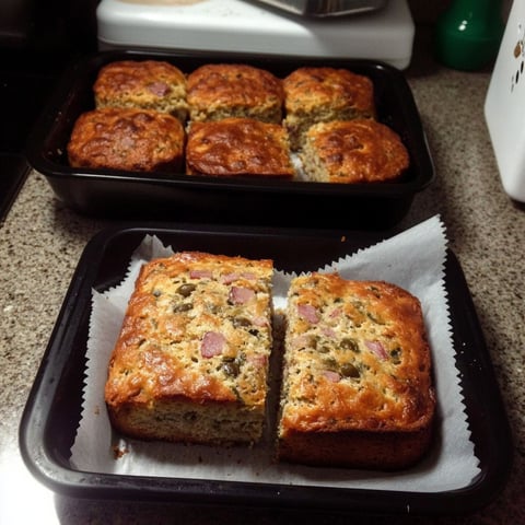 A pan of cake with ham and olives.