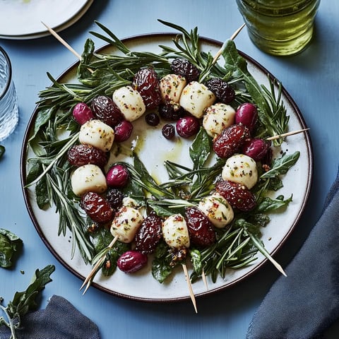 A plate of brochettes de bocconcinis aux raisins et au romarin.