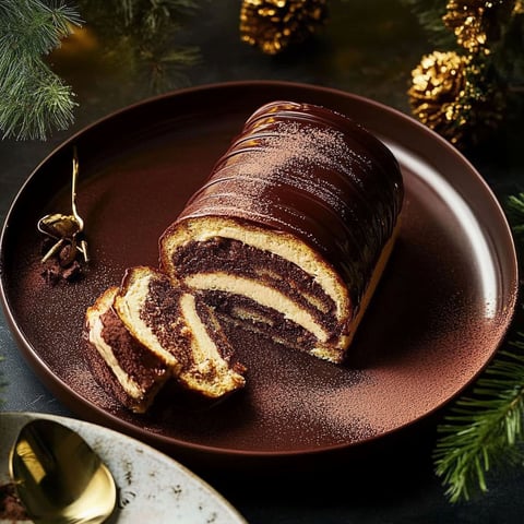 A slice of bûche tiramisu on a plate.
