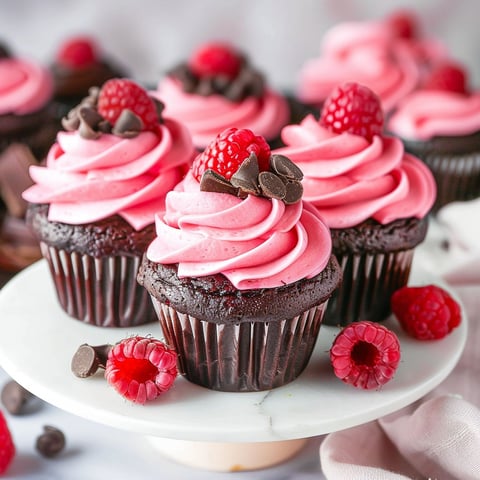 A plate of chocolate cupcakes with raspberries on top.