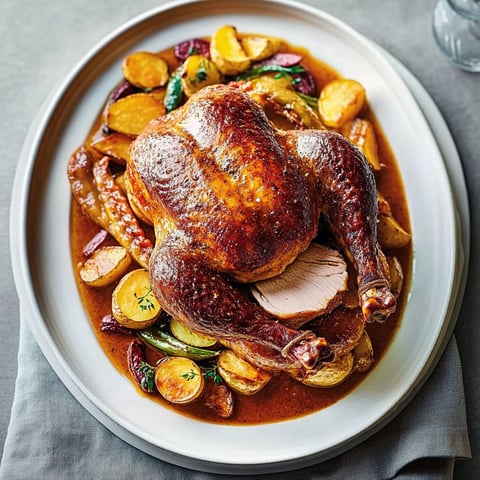 A roasted chicken with a sauce made from apples.
