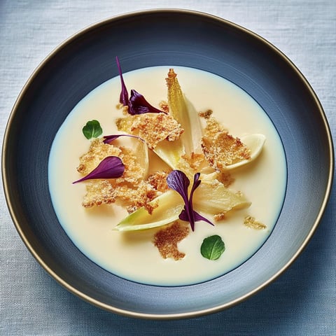 A bowl of soup with vegetables and bread croutons.
