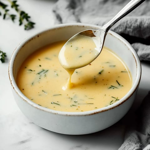 A spoon is in a bowl of sauce béarnaise.