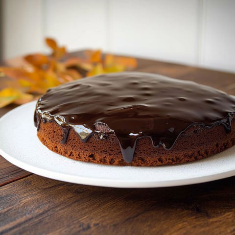 A chocolate cake with a ganache topping.