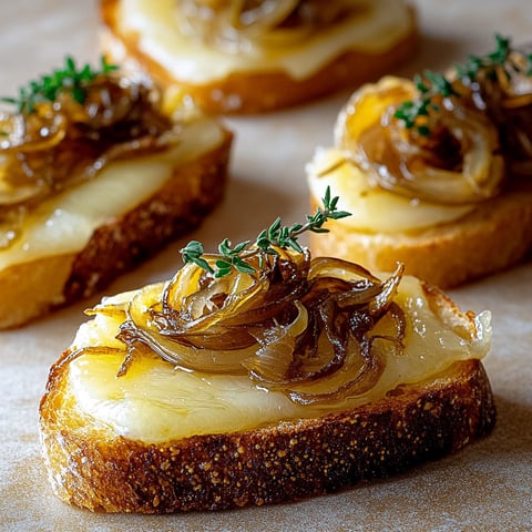 Bruschettas with onions and gruyere cheese.