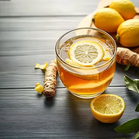 A glass of tea with lemon and ginger.