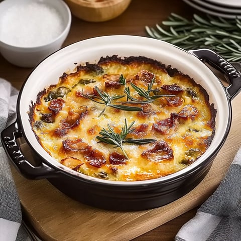 A dish of food with a wooden cutting board underneath.
