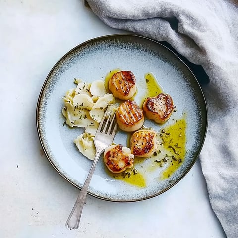 A plate of cooked scallops with a fork on it.