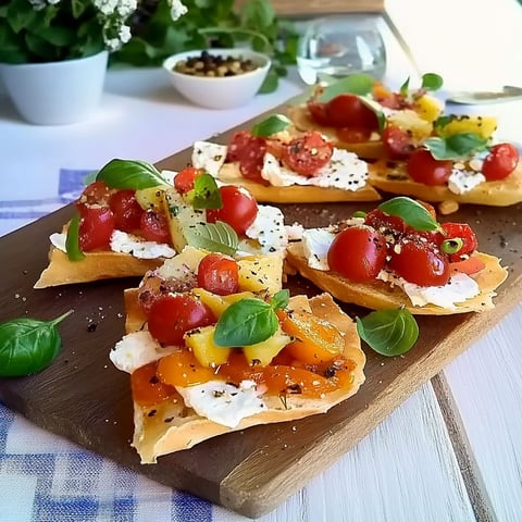 A wooden cutting board with bruschetta on it.