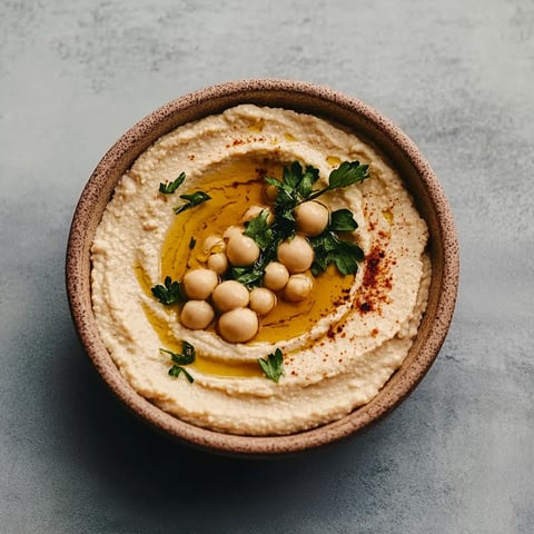 A bowl of houmous with a sprig of parsley.